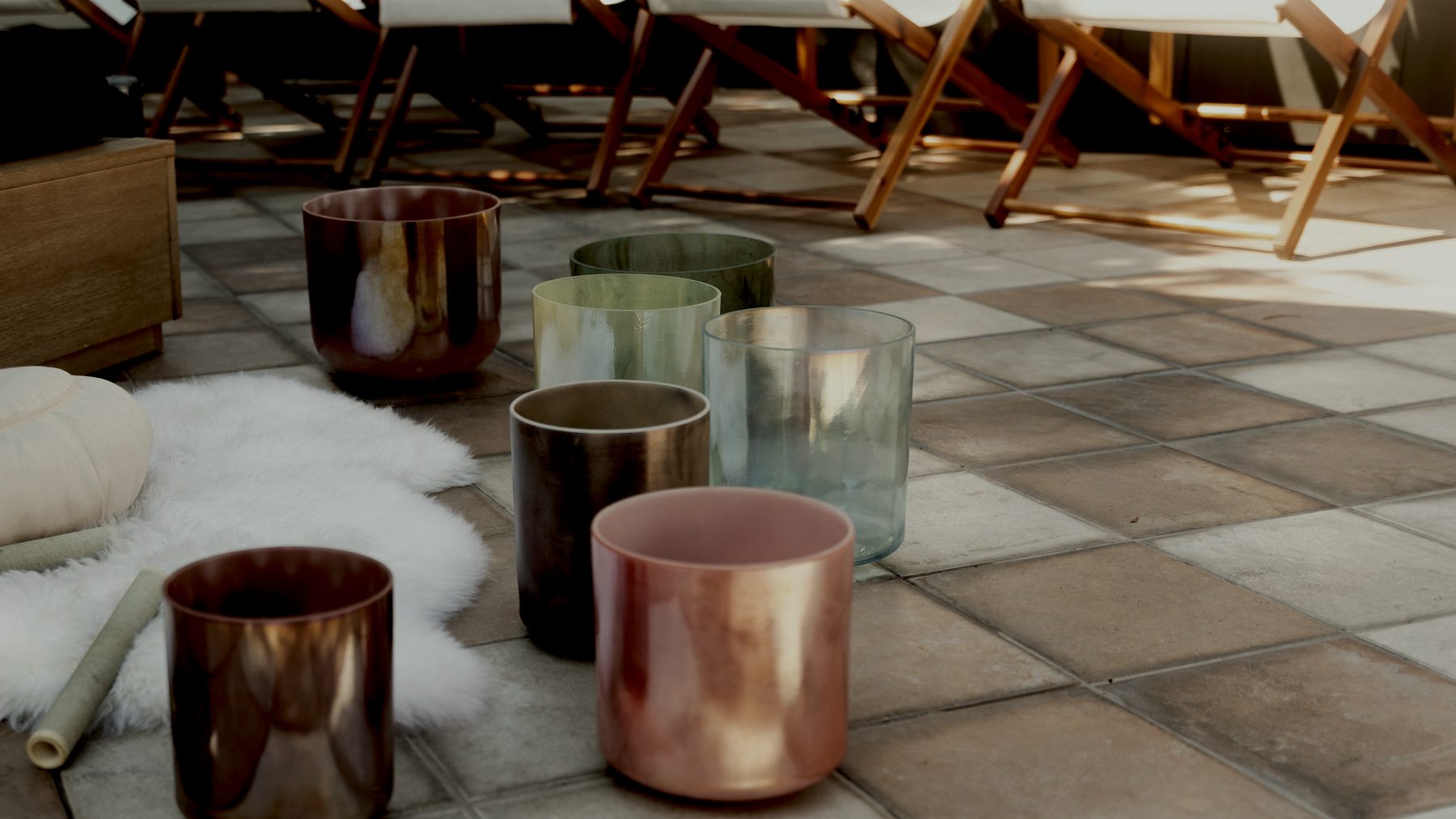 Sound bowls set up for a sound bath